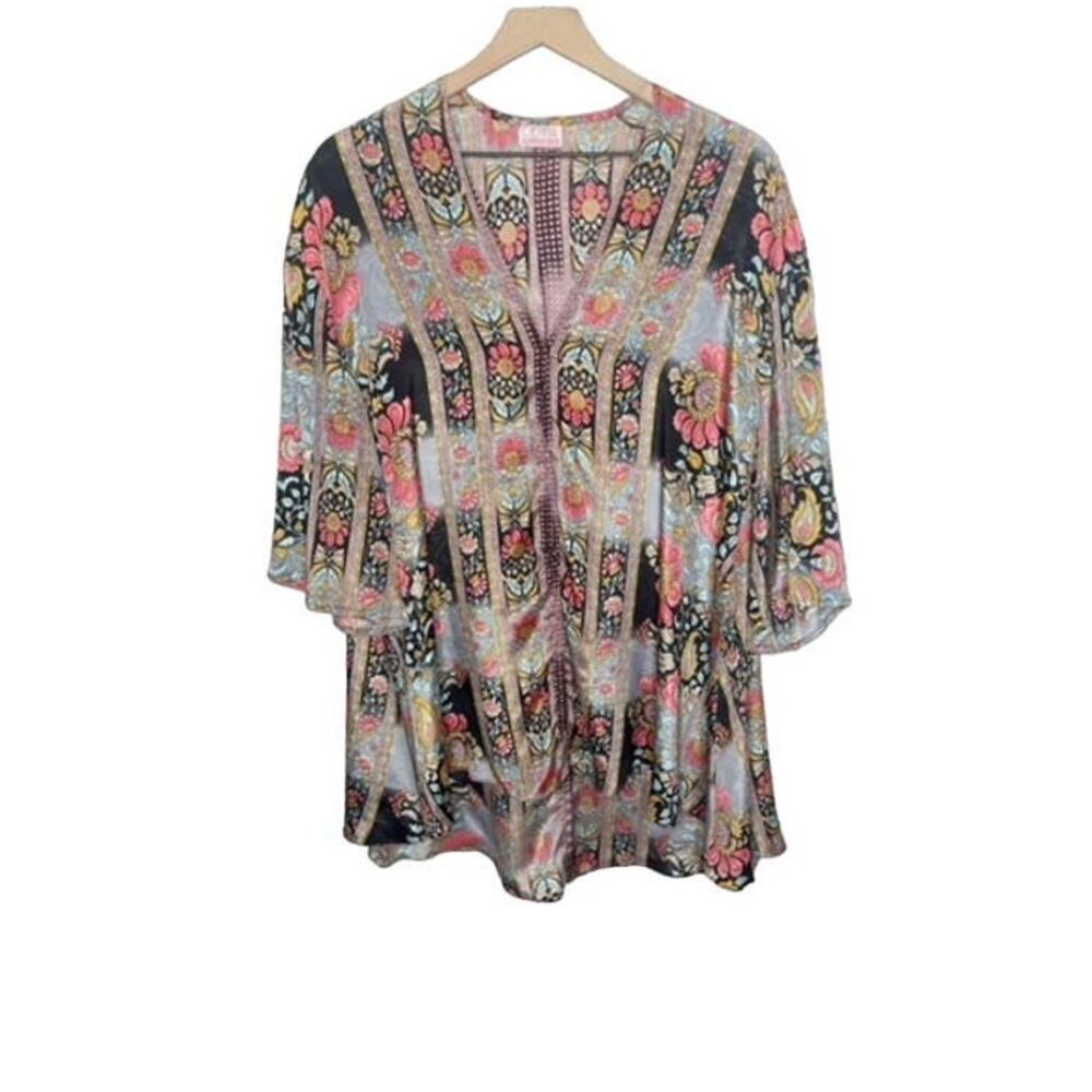 CIENNA Australia Women's XL Floral Boho Kimono Silk Snap Flowy Lightweight Tunic
